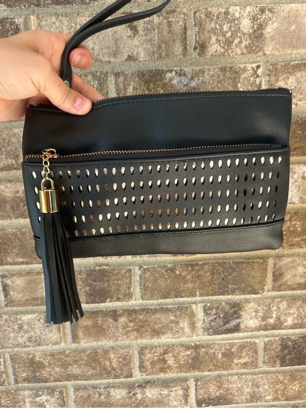Black Laser Cut Metallic Tassel Wristlet Clutch Zip Pouch